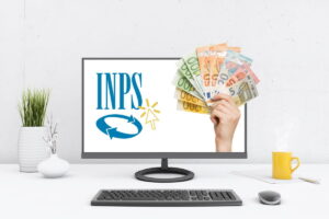 schermo pc con logo inps e mano con banconote euro
