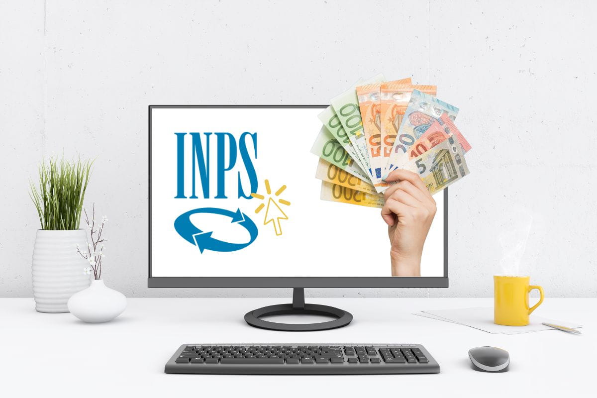 schermo pc con logo inps e mano con banconote euro