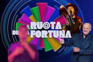 screen facebook e instagram logo la ruota della fortuna, gerry scotti, zucchero e diego fornaciari pixellato