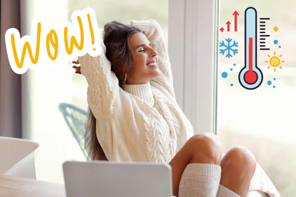 ragazza che si rilassa in casa in inverno grafica termometro e wow