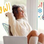 ragazza che si rilassa in casa in inverno grafica termometro e wow