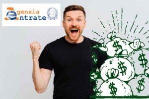 uomo esulta grafica sacchi di denaro logo agenzia delle entrate
