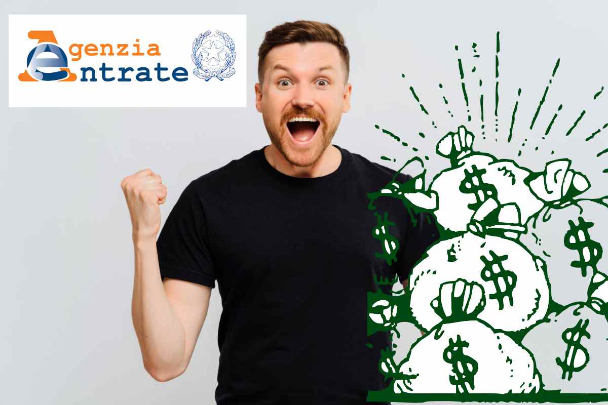 uomo esulta grafica sacchi di denaro logo agenzia delle entrate