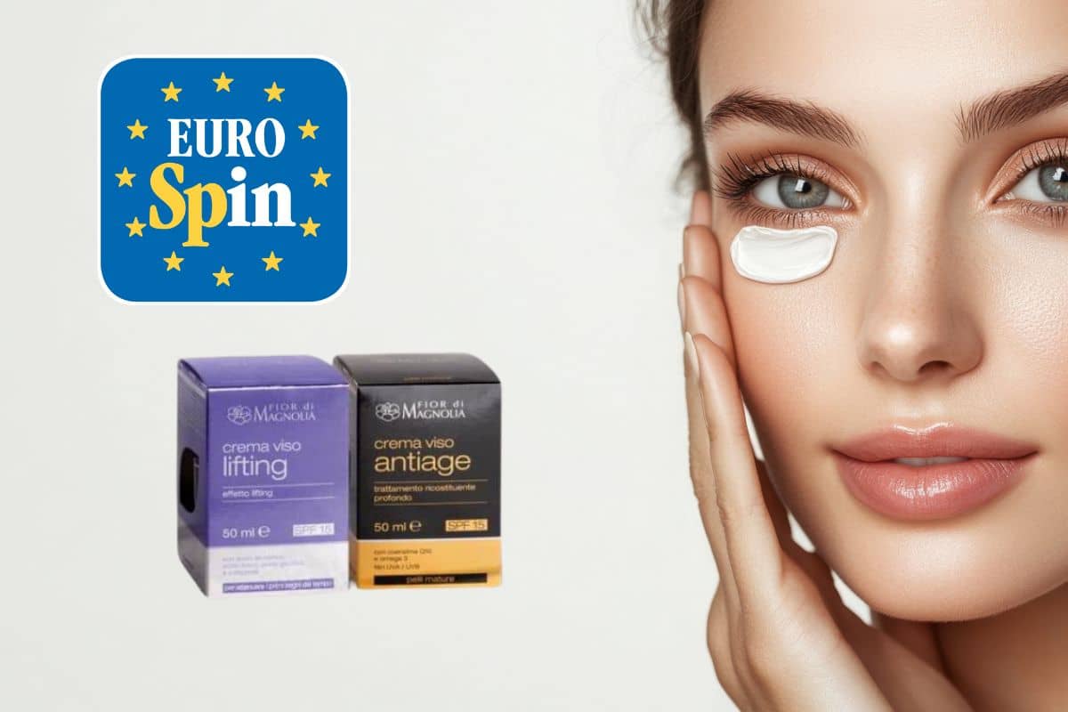 donna con una punta di crema sul viso, due creme eurospin e logo eurospin
