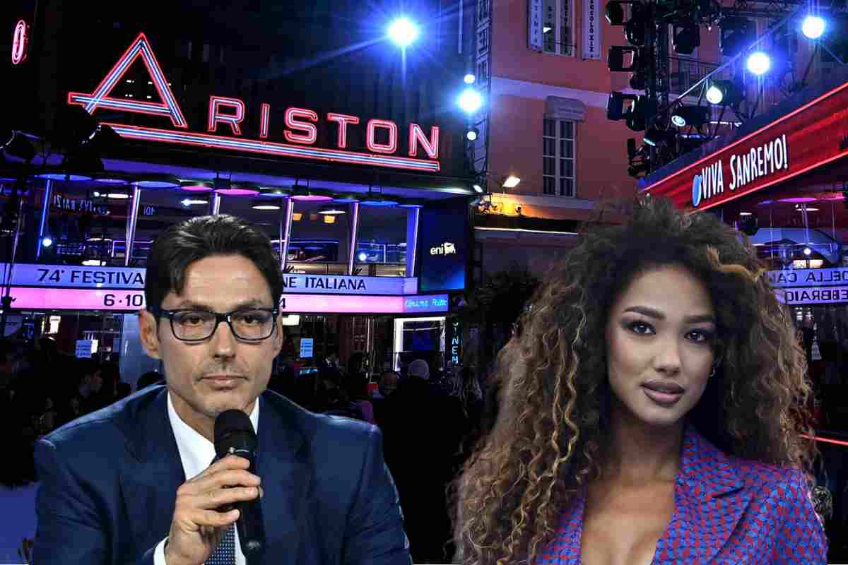 Pier Silvio Berlusconi e Samira Lui col teatro Ariston come sfondo