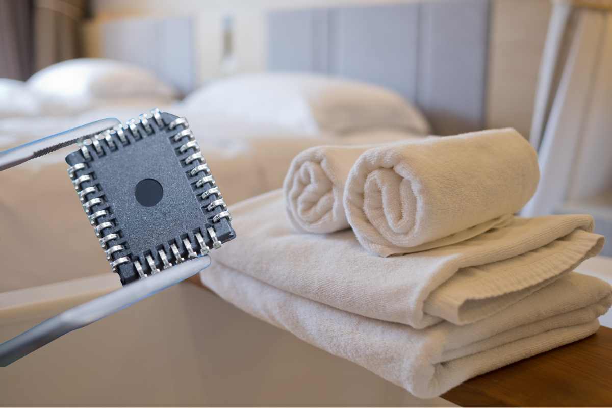 Asciugamani piegati in camera d'albergo e un microchip