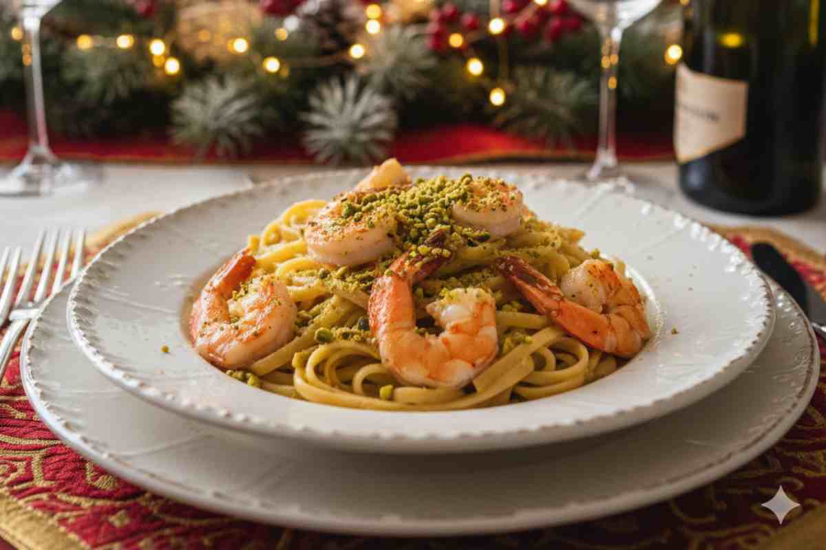 linguine allo champagne con gamberi e granella di pistacchi in un piatto su tavola di Natale
