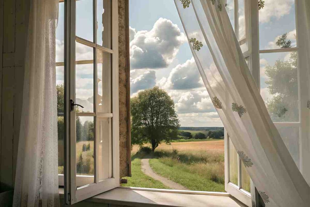 Una finestra aperta su paesaggio di campagna