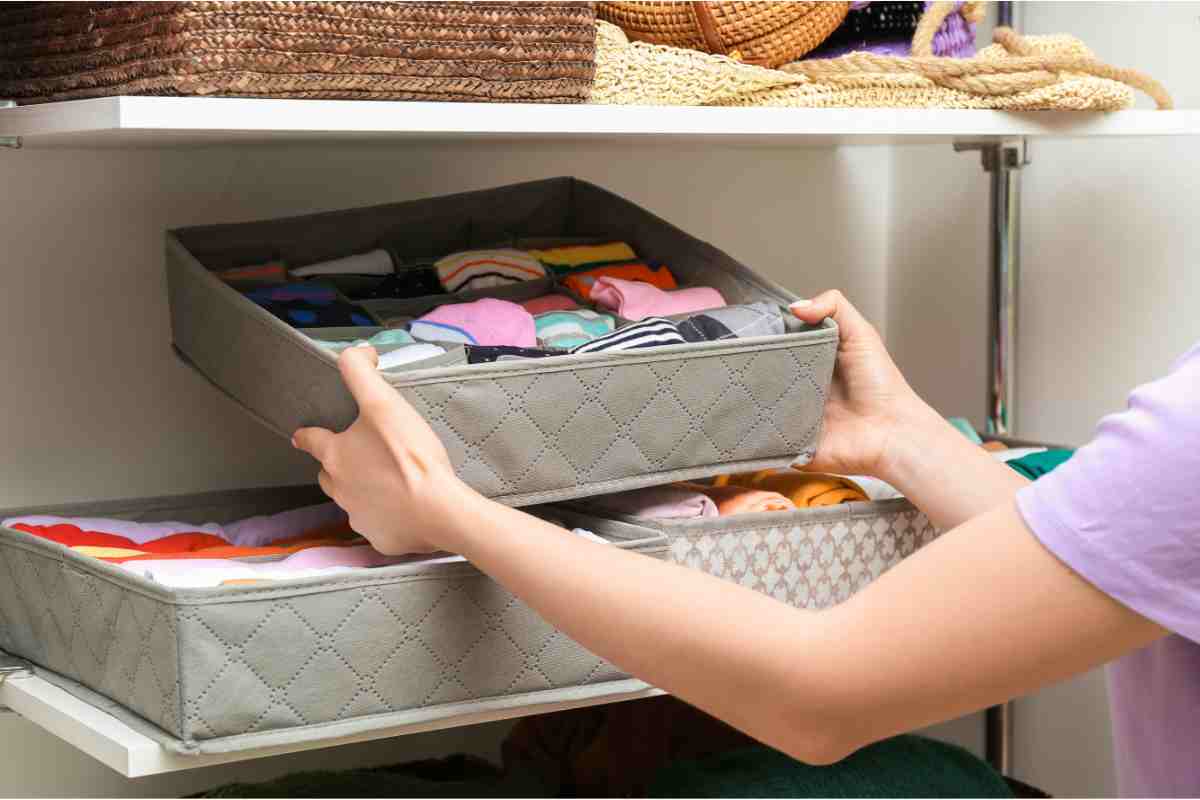 Indumenti in un organizer in armadio pulito