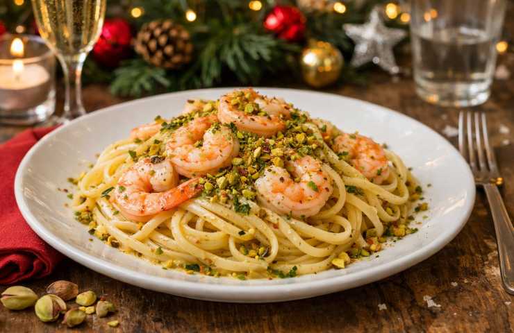 linguine allo champagne con gamberi e granella di pistacchi in un piatto su tavola natalizia