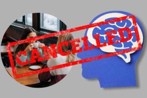 nel cerchio un appuntamento, a lato un cervello umano e sovraimpressa la scritta cancelled