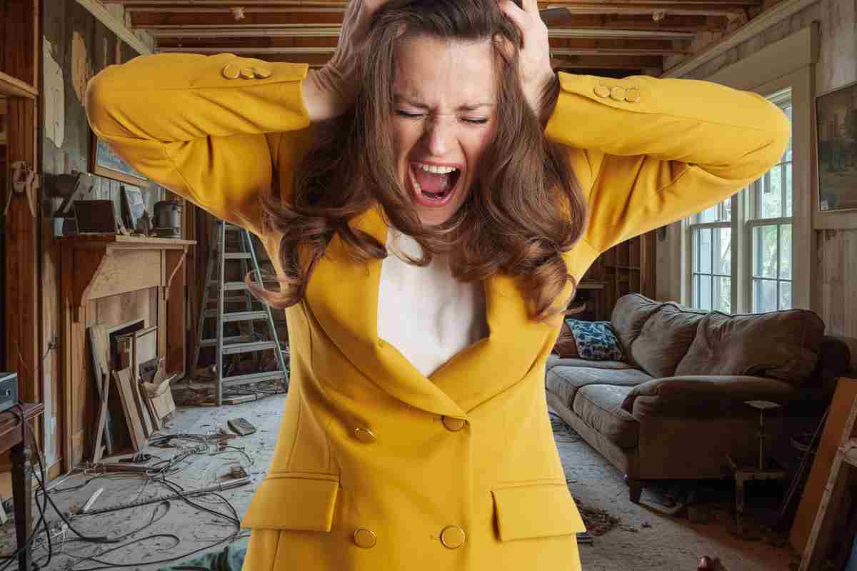 donna sconvolta e alle spalle dei lavori domestici