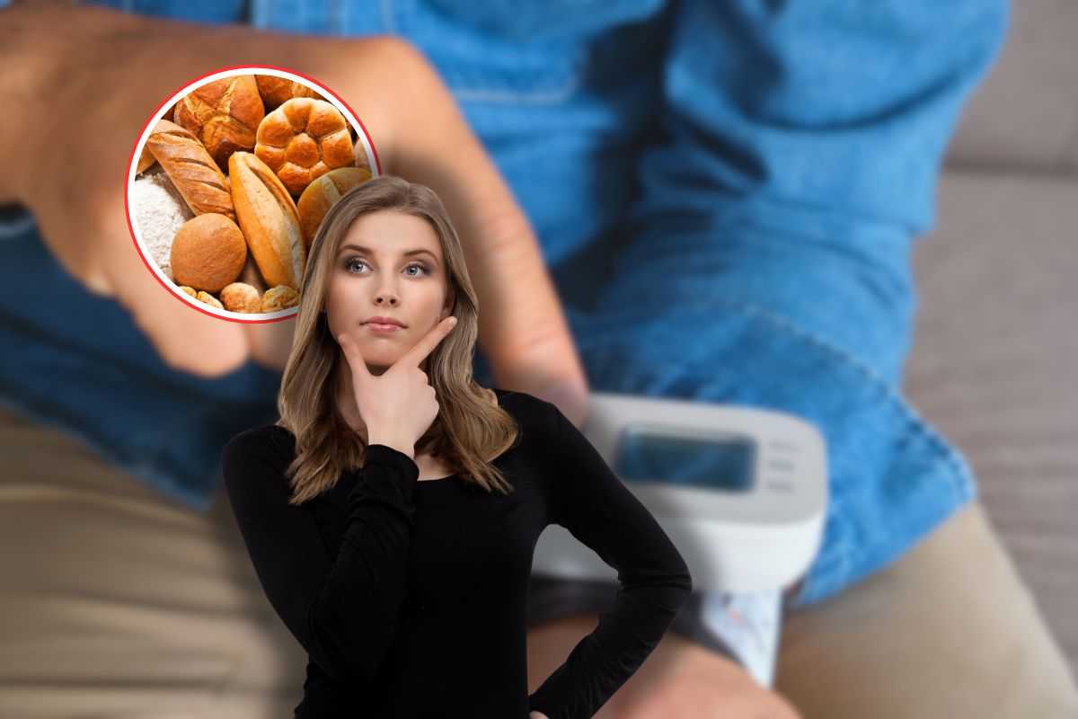 uomo che misura pressione, donna che pensa e diverse tipologie di pane in icona rossa