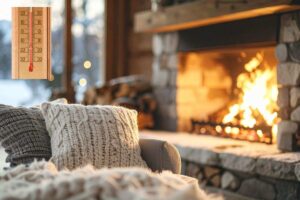 interno di casa con caminetto acceso e termometro per la temperatura esterna in evidenza
